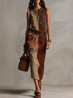 Elegant Vacation Vintage Floral Patchwork Belted Midi Dress