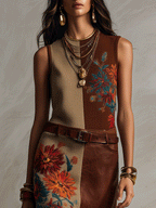 Elegant Vacation Vintage Floral Patchwork Belted Midi Dress