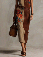 Elegant Vacation Vintage Floral Patchwork Belted Midi Dress