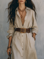 Effortless Coastal Elegance Button-Front Linen Waist Belt Shirt Maxi Dress