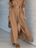 Effortless Coastal Elegance Utility High-Slit Hem Shirt Maxi Dress