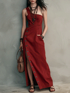 Effortless Button Detail Resort Crimson Red High-Slit Maxi Dress