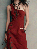 Effortless Button Detail Resort Crimson Red High-Slit Maxi Dress