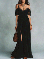 Elegant Vacation Noir Lace Trim Off-Shoulder Boho Maxi Dress