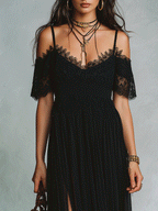 Elegant Vacation Noir Lace Trim Off-Shoulder Boho Maxi Dress