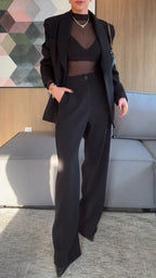 Women Lapel Jacket + Pants Solid Color Temperament Commuter Set