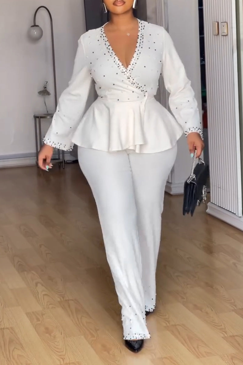 Women's Elegant V-Neck Beaded Flounce Shirts & Pants