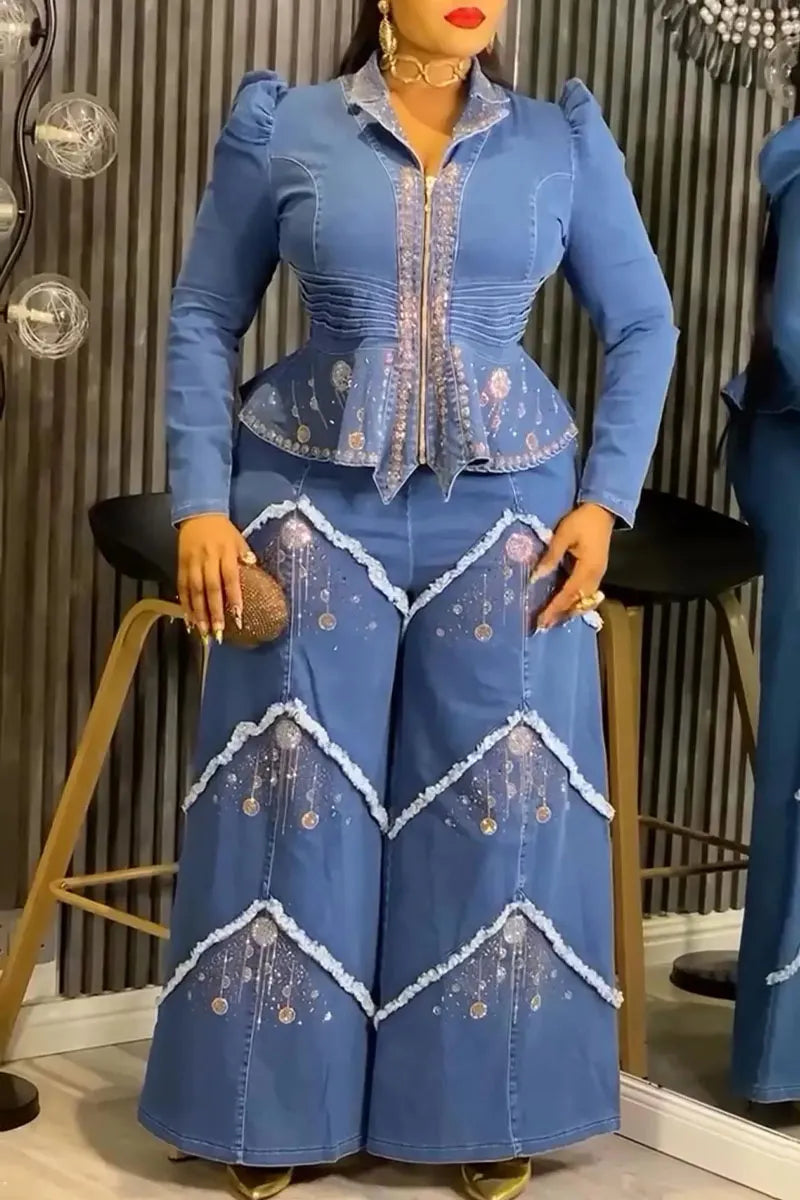 Women's Rhinestone Embellished Peplum Top And Wide Leg Pants Set