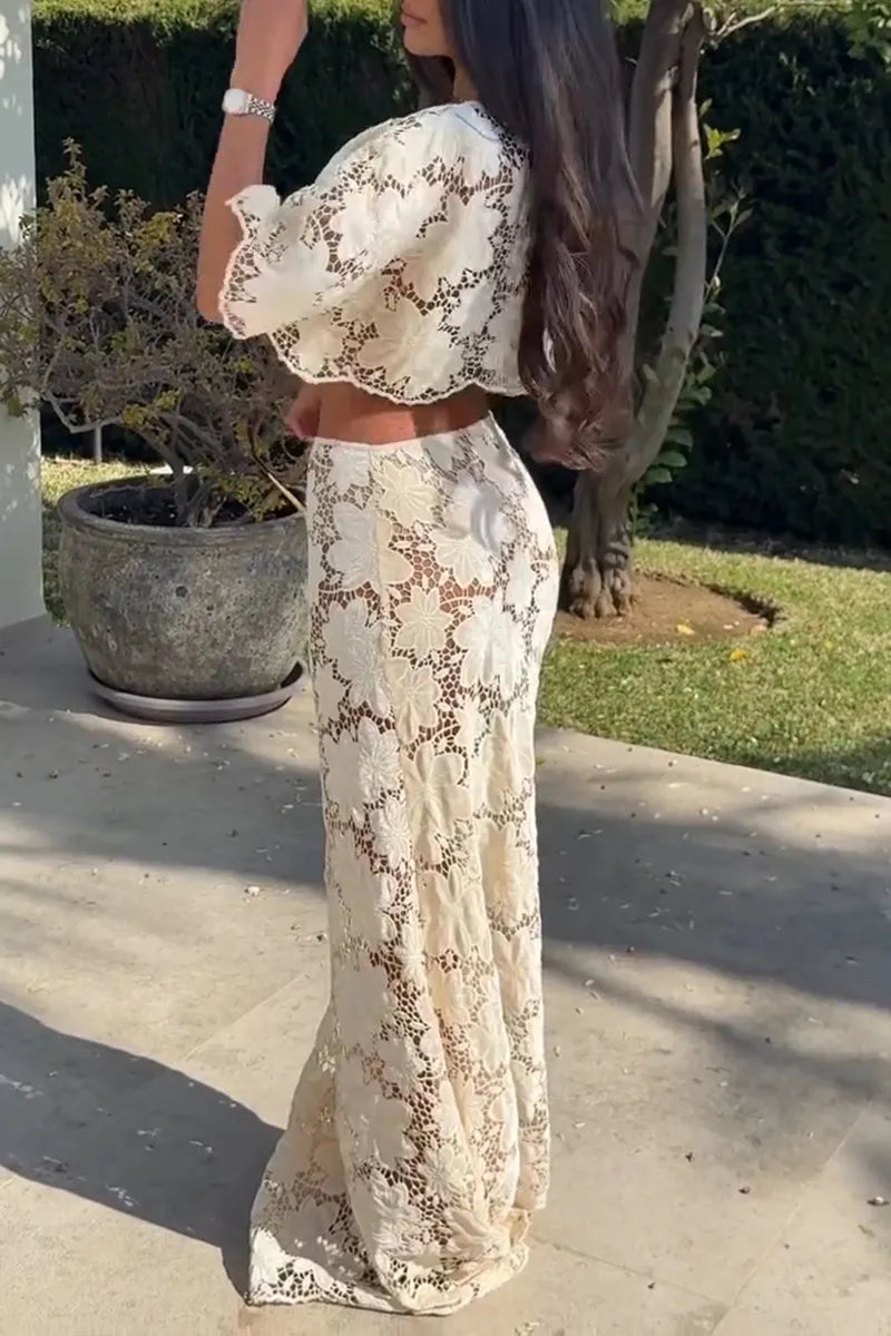 Women's Elegant Resort Lace Cutout Top & Long Skirt