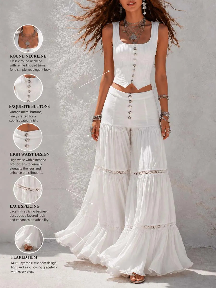 Bohemian White Ribbed Corset Top And Tiered Lace Pants Set