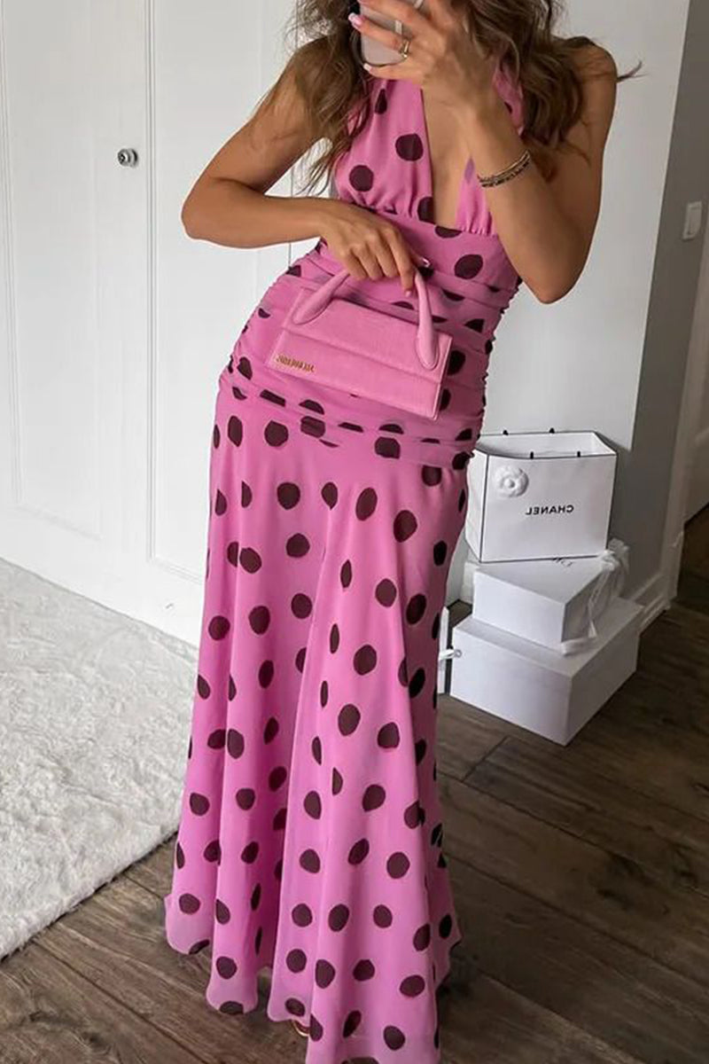 Women's Printed V Neck Tie Waist Long Vacation Dress