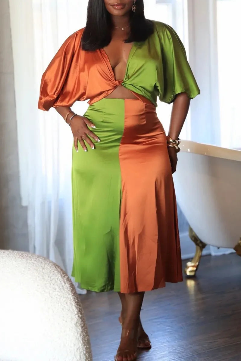 Women's Color Block Satin Two-Piece Set, Knotted Crop Top And Flared Mid Skirt