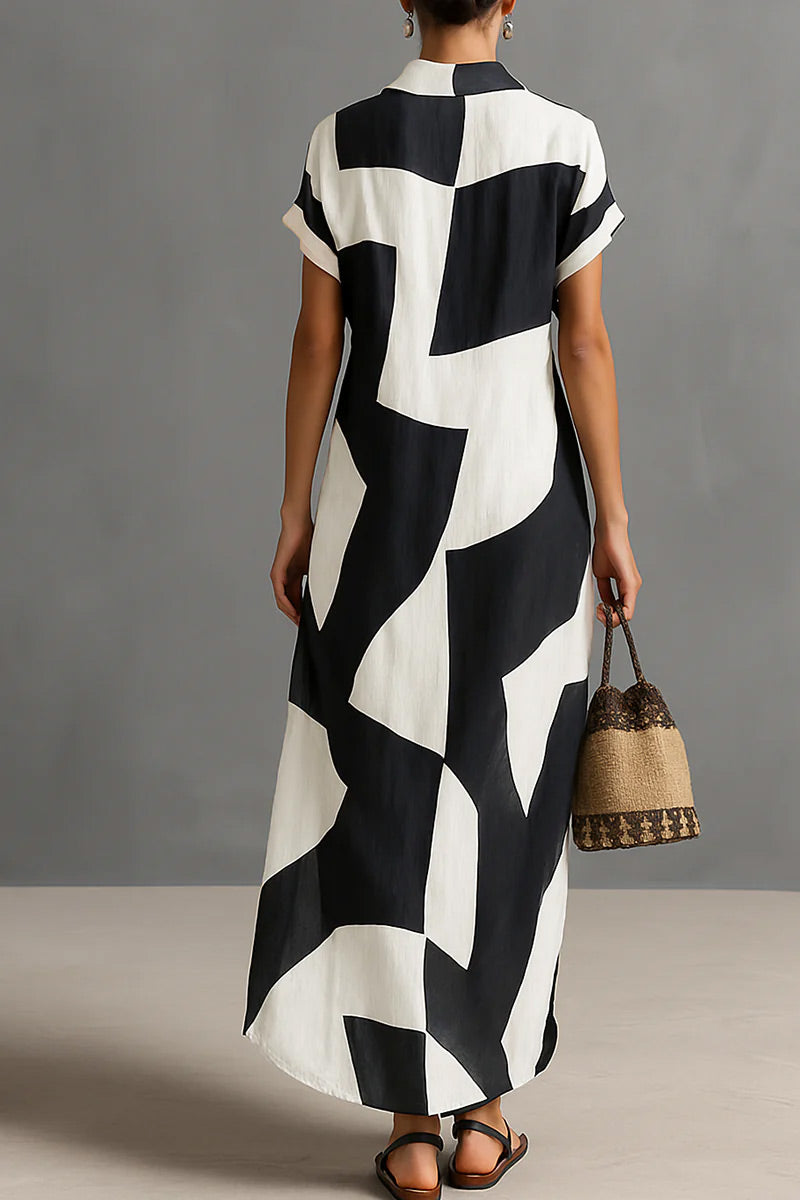 Women's Casual Black White Abstract Geometric Print Cap Sleeve Button Front Maxi Shirt Dress