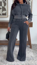 Womens Round Neck Hooded Top+ Pants Casual Suit