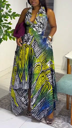 Women Collar Sleeveless Printed Irregular Elegant Temperament Dress