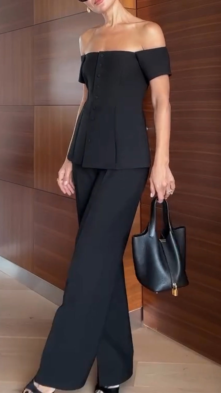 Womens One-shoulder Button-down Top + Pants Solid Color Casual Suit