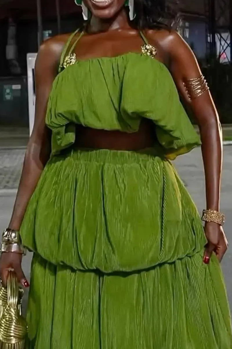 Women's Green Textured Crinkle Fabric Halter Crop Top Tiered Layered Ruffle Maxi Skirt