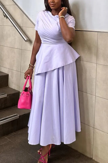 Women Round Neck Spliced Solid Color Fake Two Elegant Temperament Maxi Dresses