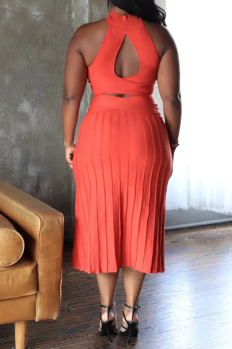 Women's Orange Ribbed Knit Two-Piece Set with Cutout Waist and Slit Skirt