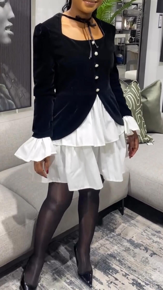 Women Square Neck Velvet Buckle Patchwork Elegant Temperament Dress