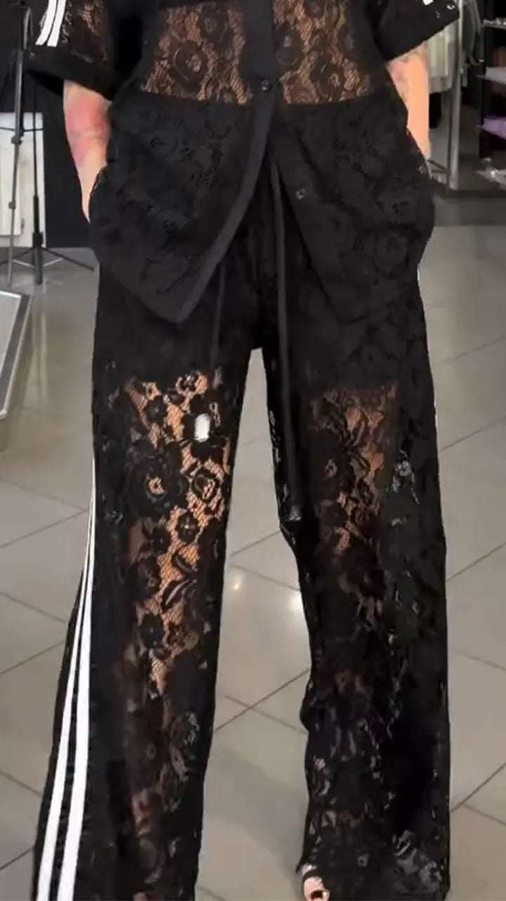 Women Collar Patchwork Lace Pattern Hollow Top + Pants