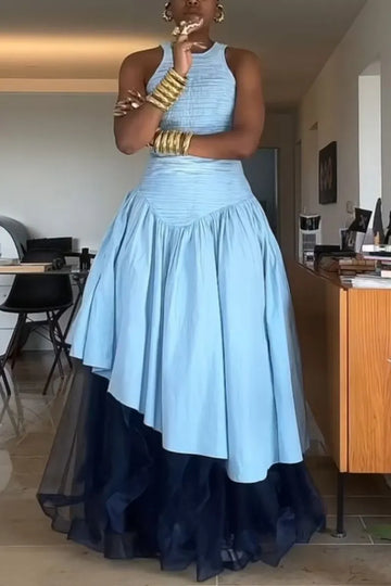Women's Sleeveless Smocked Waist Two Layer Contrast Tulle Asymmetrical High Low Maxi Flare Skirt Dress