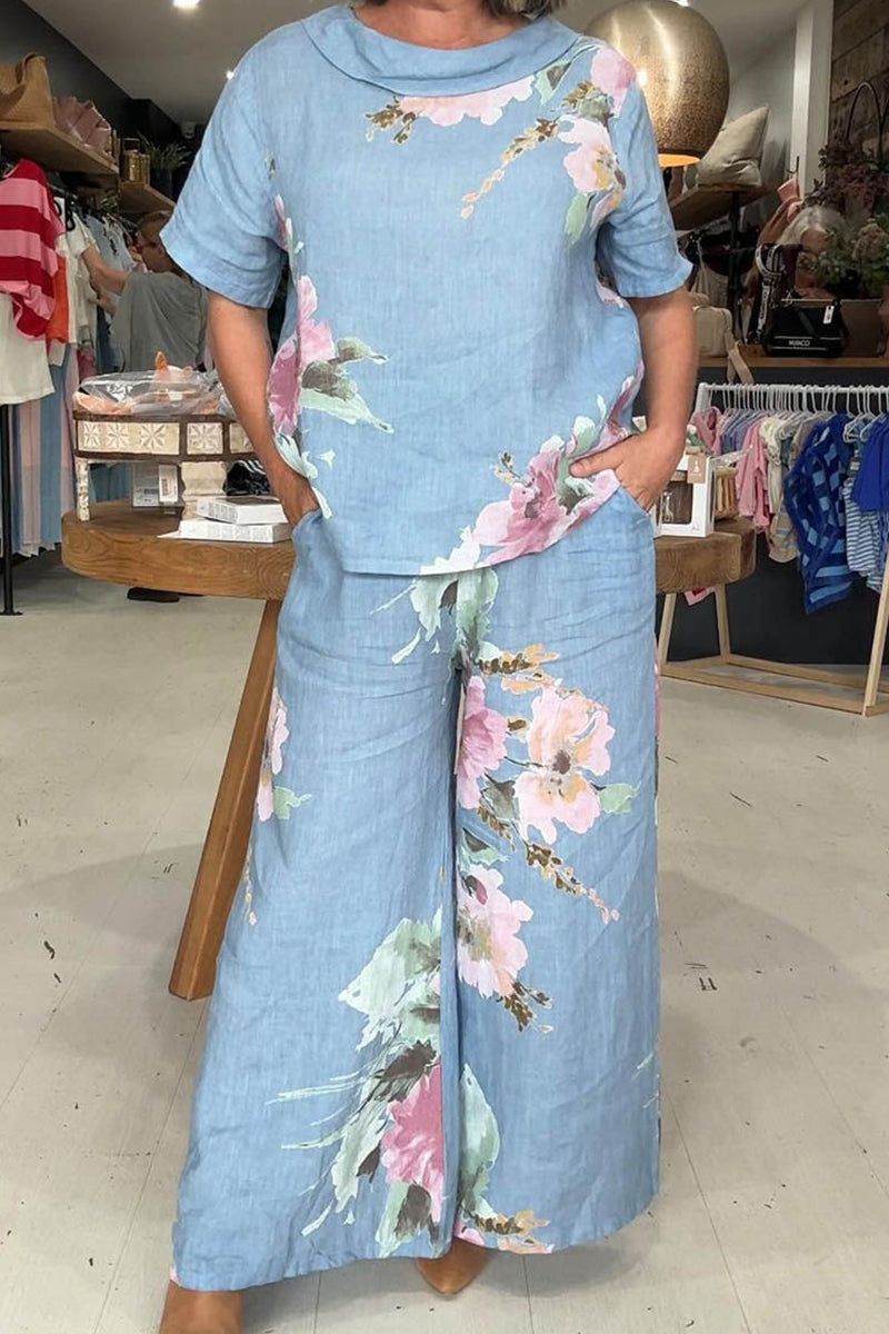 Women's Casual Printed T Shirt Top Or Wide Leg Pants