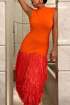 Women's Cocktail Dress with Solid Color Top & Feather Trim Skirt