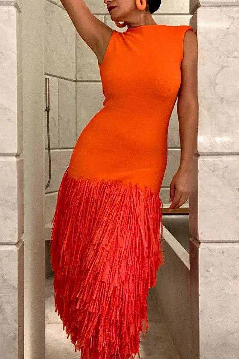 Women's Cocktail Dress with Solid Color Top & Feather Trim Skirt