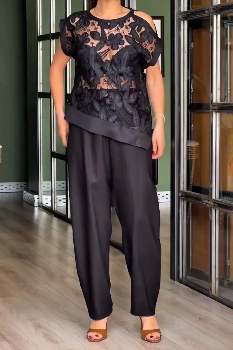 Women Round Neck Patterned See Through Top+ Wide Leg Pants Casual Suit