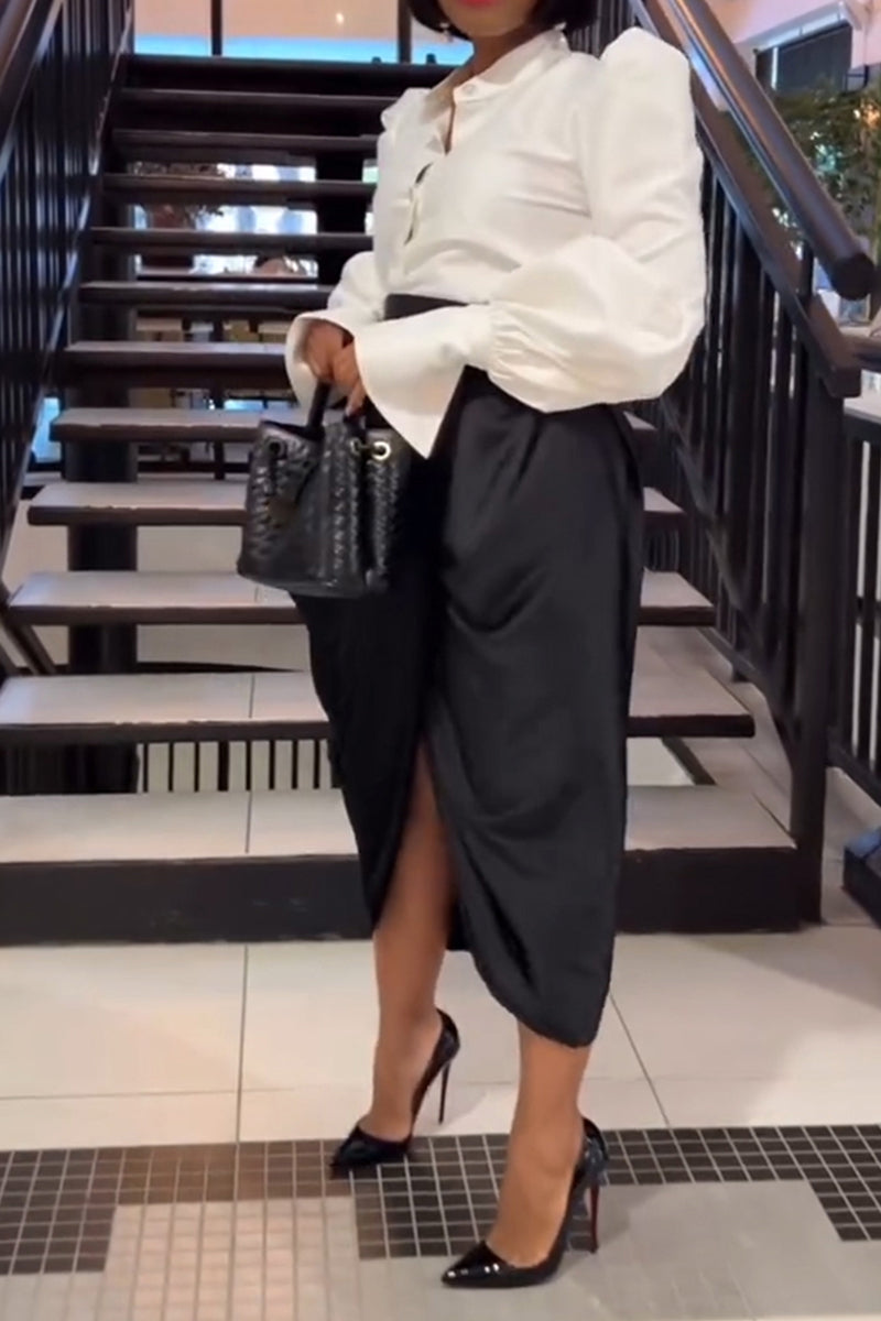 Women's Elegant Lantern Sleeve Shirts & High Waist Pleated Skirt