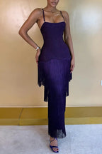 Women's Party Sparkling Rhinestone Fringe Hem Midi Dress