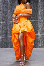 Women's Halter Neck Tulle & Satin Asymmetrical Dress with Off-Shoulder Detail