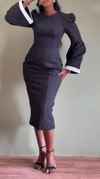 Women Round Neck Waist Cinched Flared Sleeve Design Elegant Temperament Dress