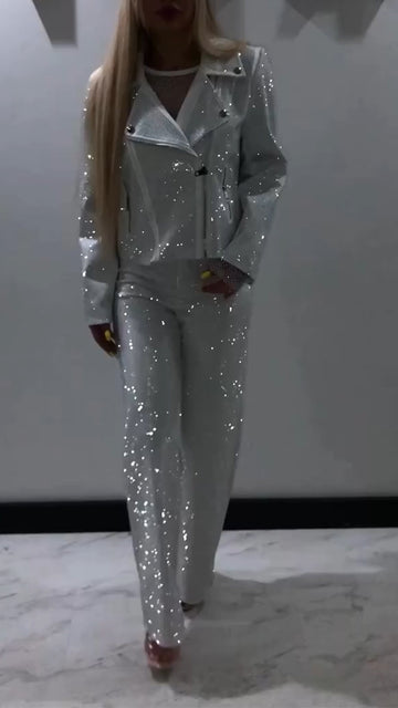 Women Laple Collar Hot Diamond Jacket+ Pants Sparkling Casual Set