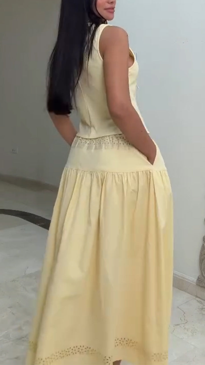 Women V-neck Lace-up Top + Skirt Elegant Casual Set