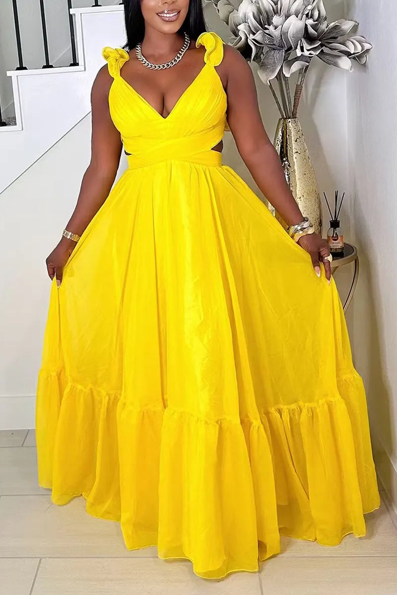 Women's Elegant  Ruffle Backless Lace-Up Maxi Dress