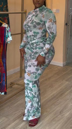 Women Round Neck Printed Long Sleeved Top + Pants Casual Suit