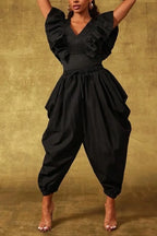 Women's Black Ruffled Short Puff Sleeve High Waist Baggy Drop Crotch Ankle Cuff Casual Jumpsuit