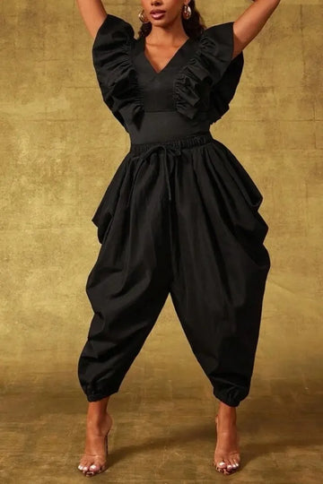 Women's Black Ruffled Short Puff Sleeve High Waist Baggy Drop Crotch Ankle Cuff Casual Jumpsuit