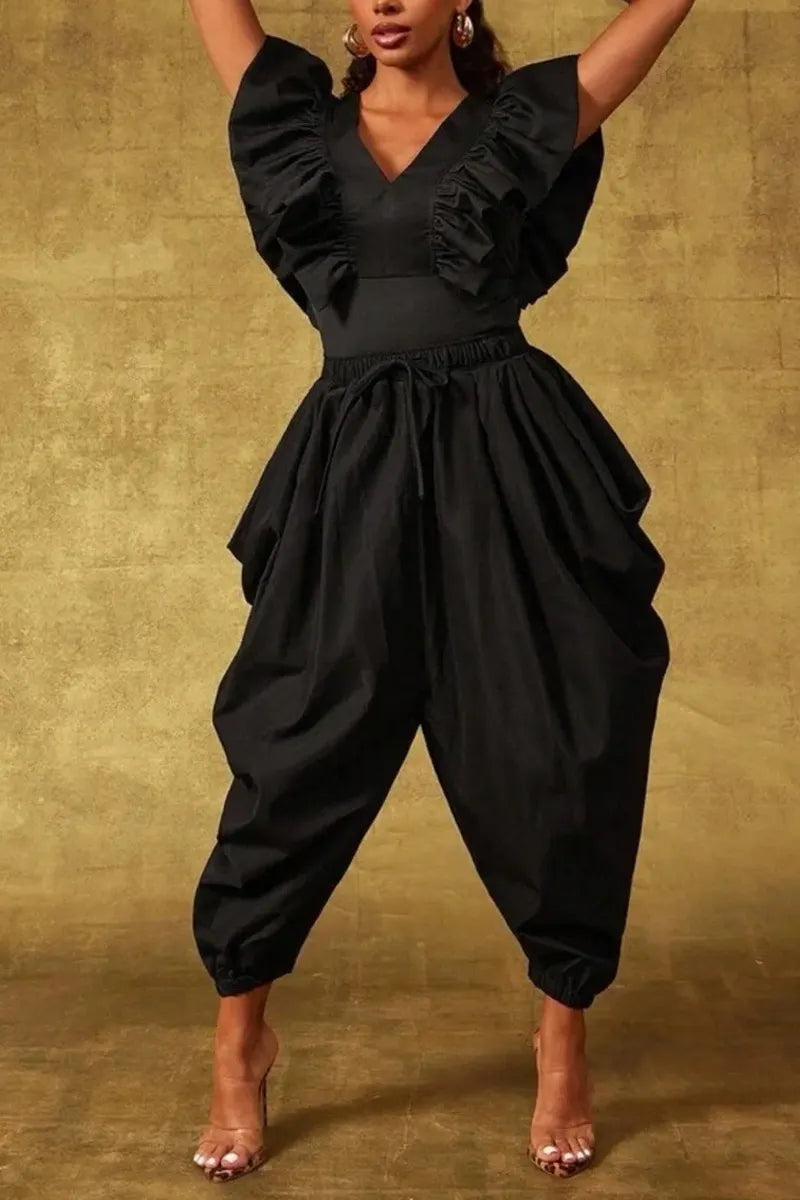 Women's Black Ruffled Short Puff Sleeve High Waist Baggy Drop Crotch Ankle Cuff Casual Jumpsuit