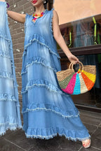Women's V-neck Multi-layered Stitching Tassel A-line Denim Dress