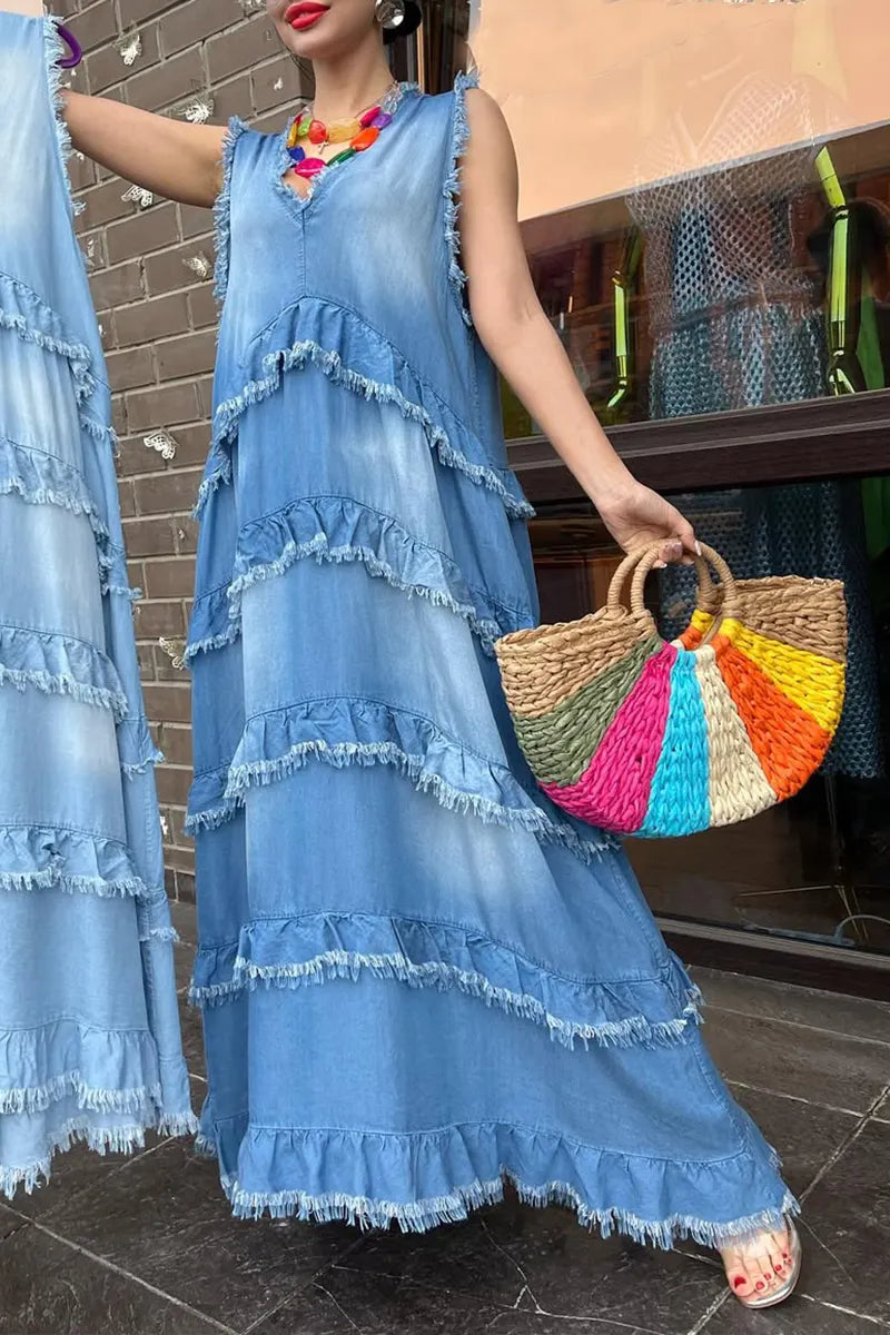 Women's V-neck Multi-layered Stitching Tassel A-line Denim Dress