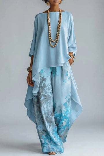 Women Round Neck Irregular Long Top + Printed Wide-leg Pants Casual Suit