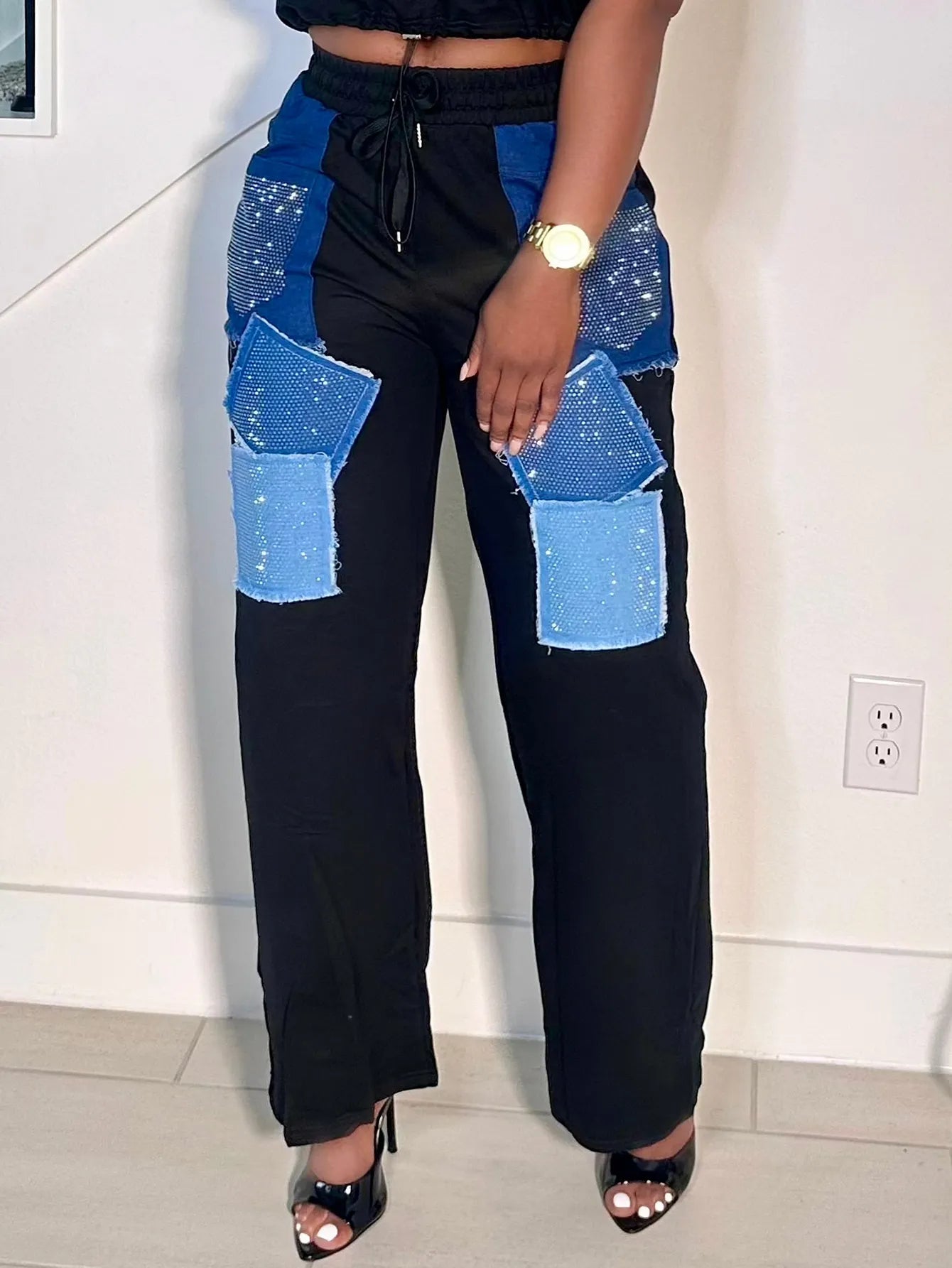Women's Casual Black Crop Top or  Pants Set with Denim Rhinestone Patches
