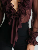 Retro Plum Sheer Ruffled Tie-Front Chiffon Blouse
