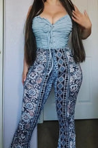 Women's Lace Up Pleated Vacation Jumpsuit Or Printed Skinny Jeans