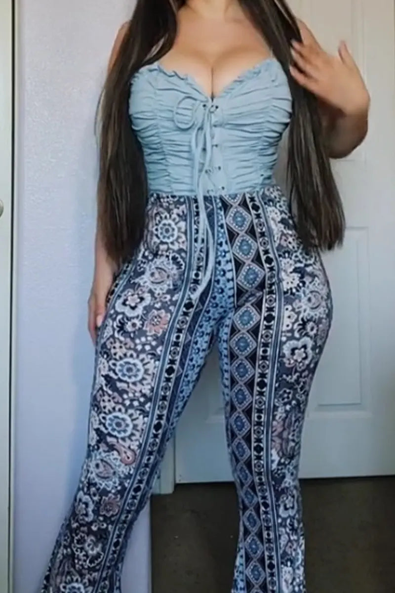 Women's Lace Up Pleated Vacation Jumpsuit Or Printed Skinny Jeans