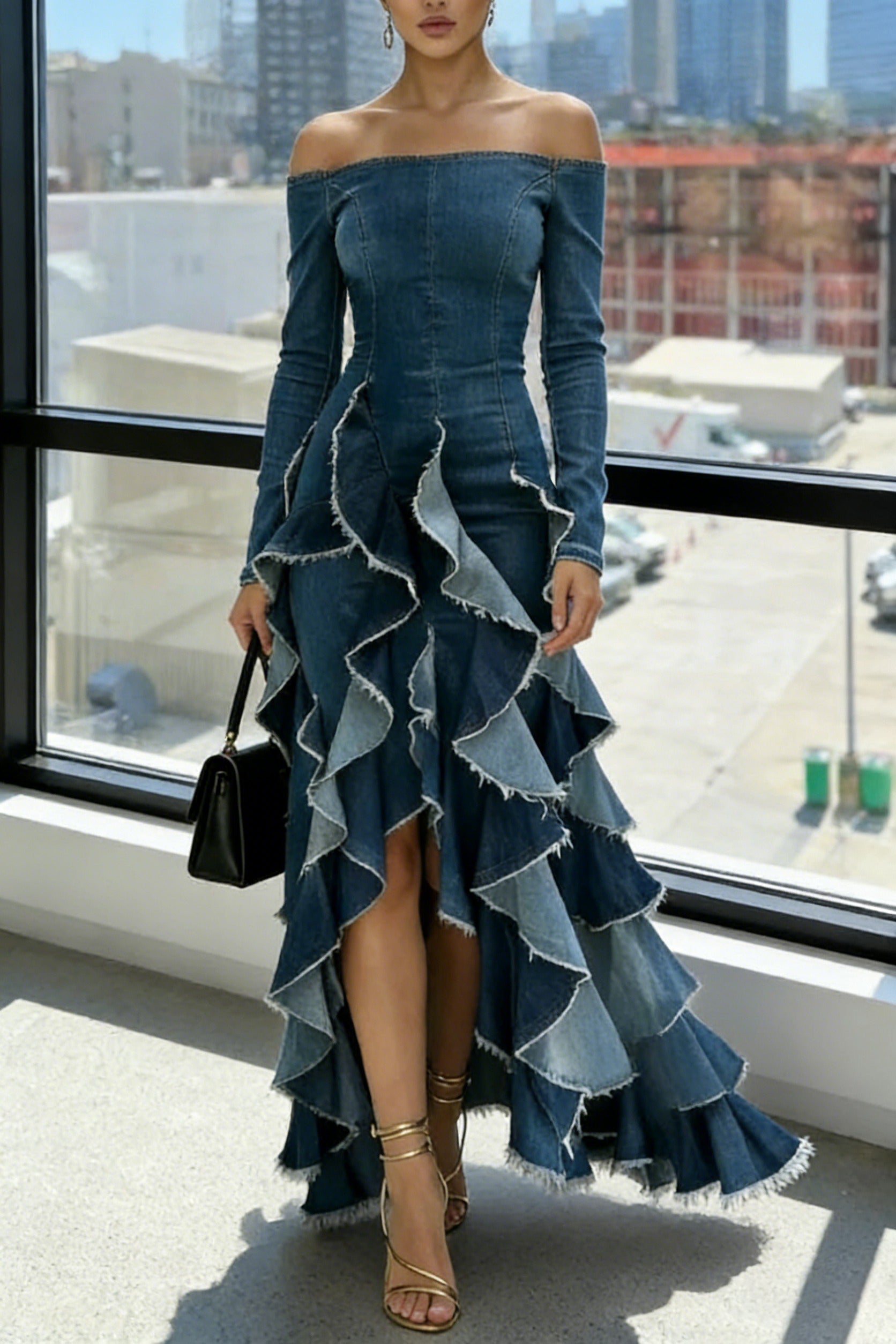 Women's Elegant Off-Shoulder Ruffle Decoration Denim Dress