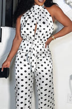 Women's Casual Sleeveless Polka Dot Halter Jumpsuit with High Waist, Keyhole Front & Pockets